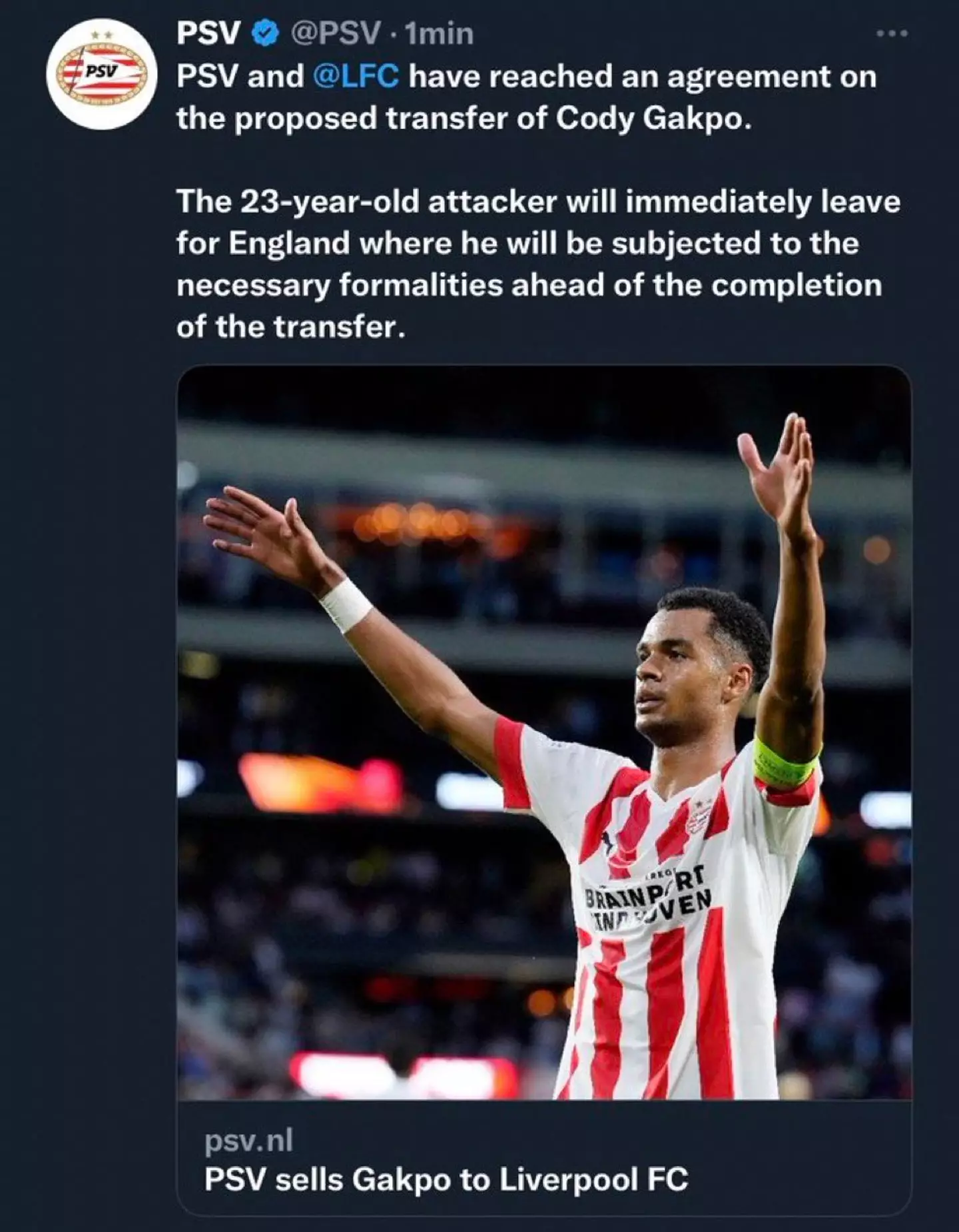 PSV's official account confirmed the signing, before deleting it. Image: Twitter