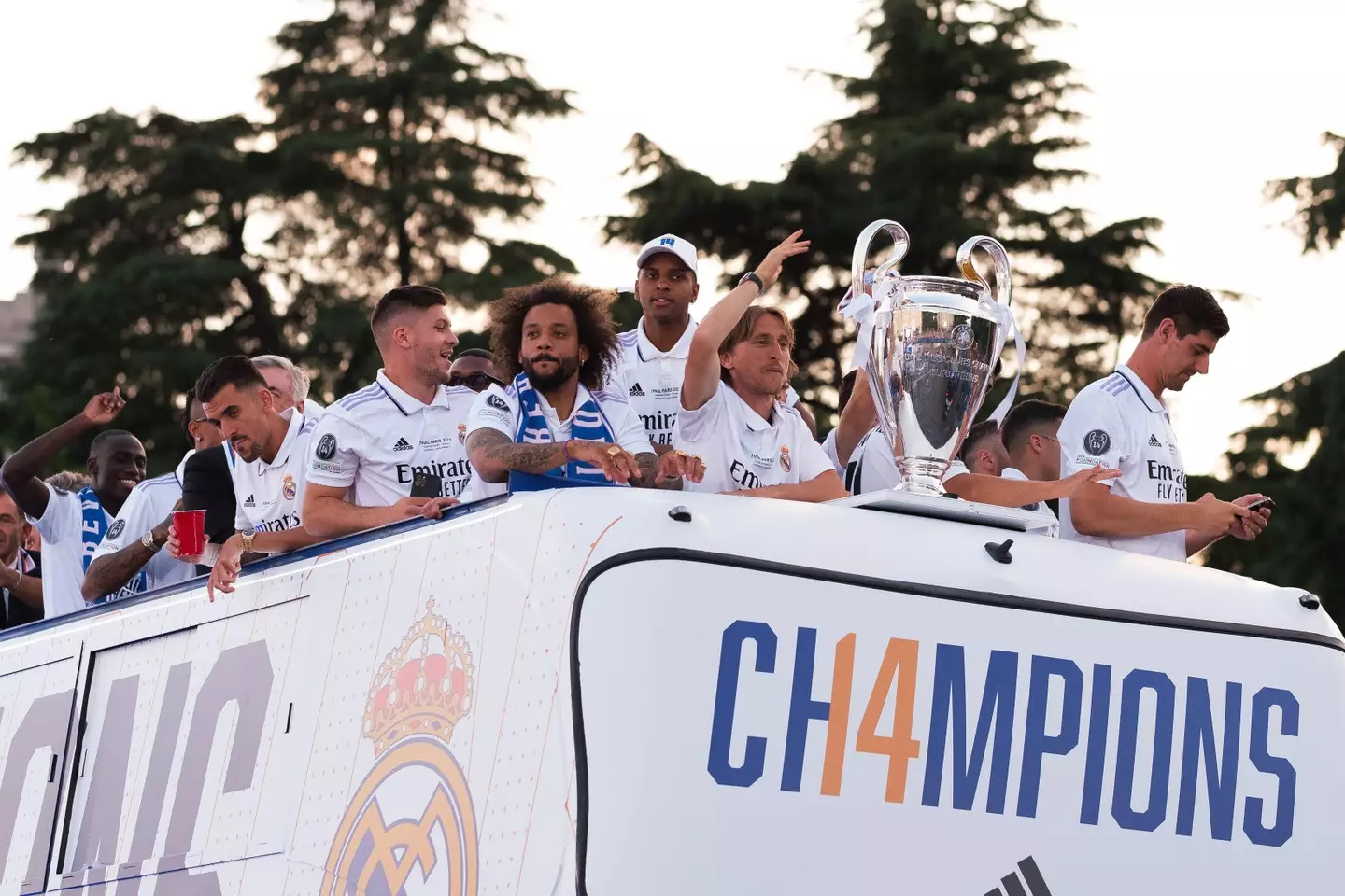 Real Madrid players on top of the bus. Image: PA Images