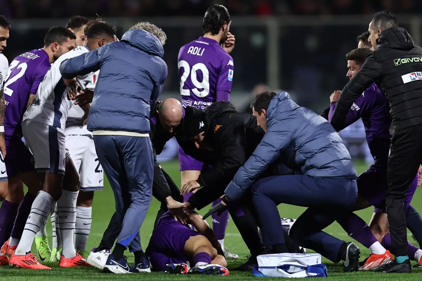 Edoardo Bove of Fiorentina collapses to the ground during the Serie A match between Fiorentina and Inter. Image credit: Getty