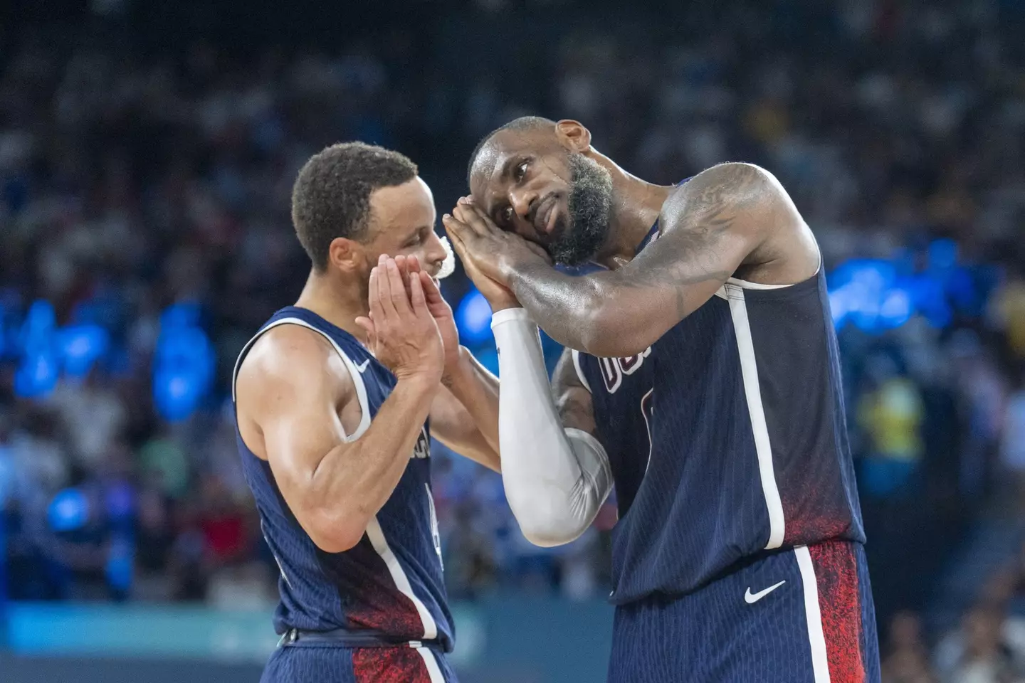 Steph Curry and LeBron James hit a celebration during France vs. USA. Image: Getty