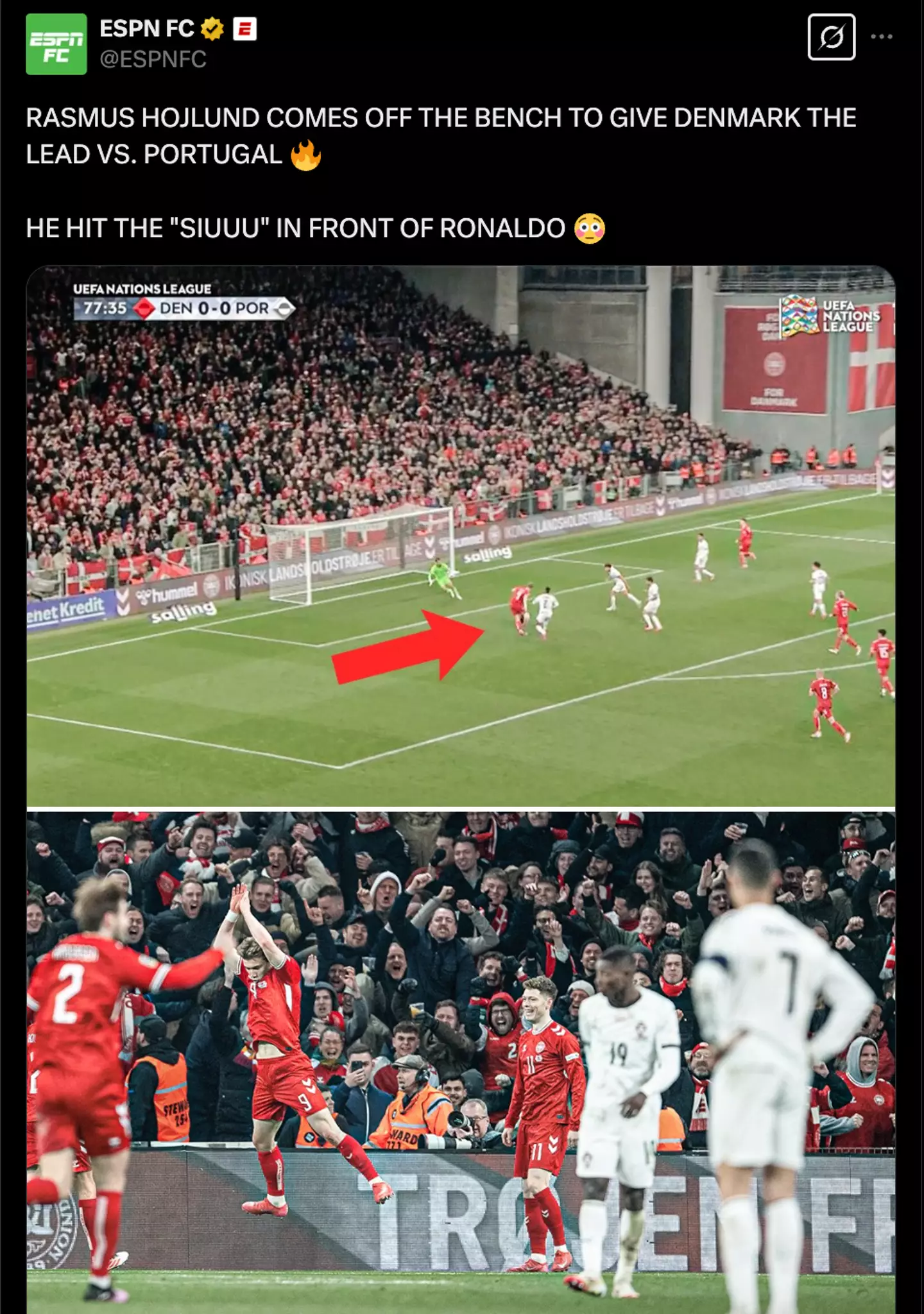 Hojlund performed Ronaldo's trademark celebration after scoring for Denmark (Image: Twitter / UEFA)