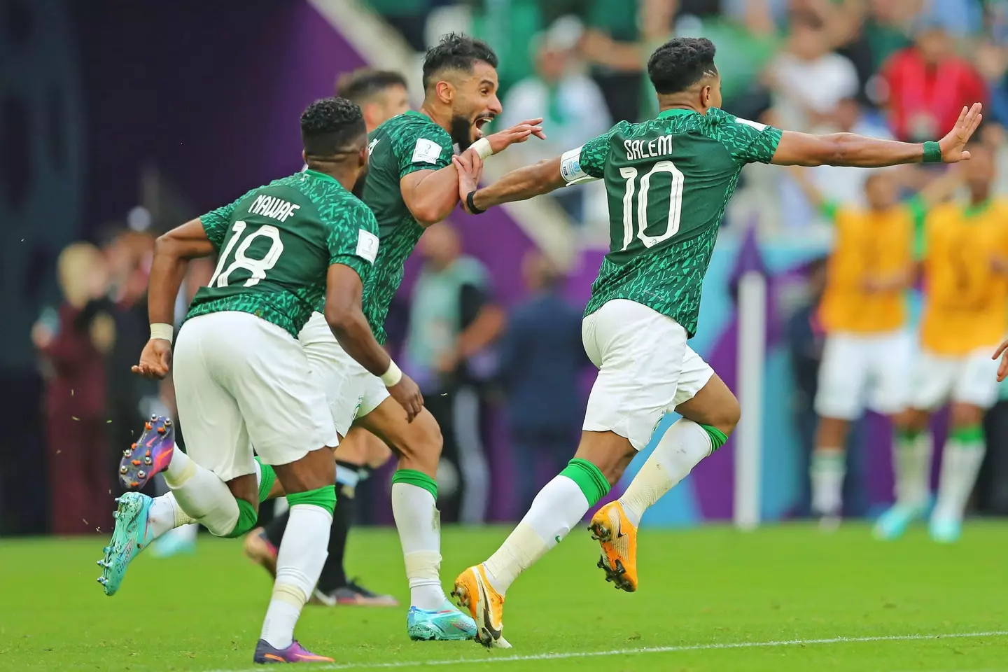 Saudi Arabia players celebrate their win. Image: Alamy