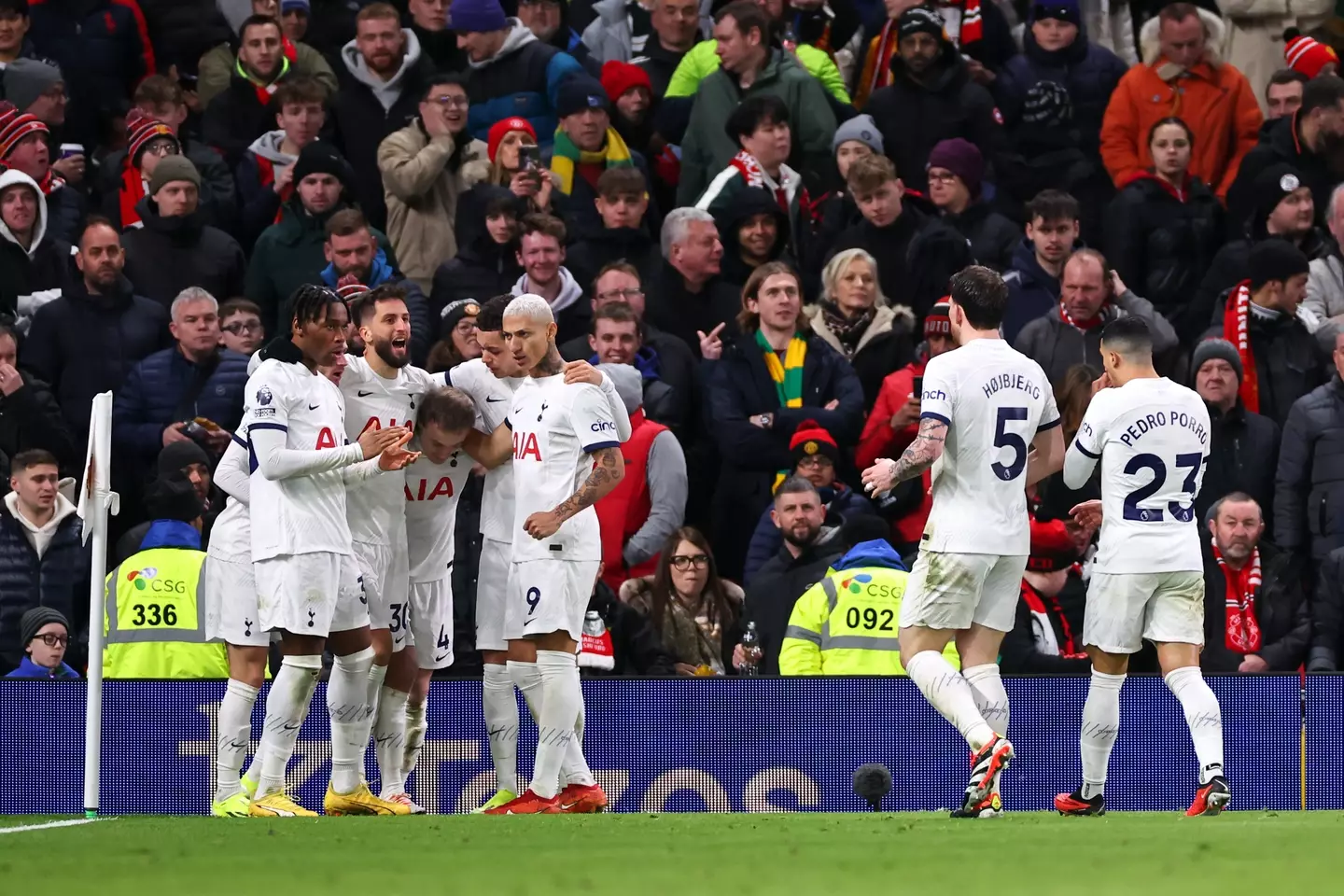 Tottenham players celebrate scoring a goal against Manchester United. Image: Getty 
