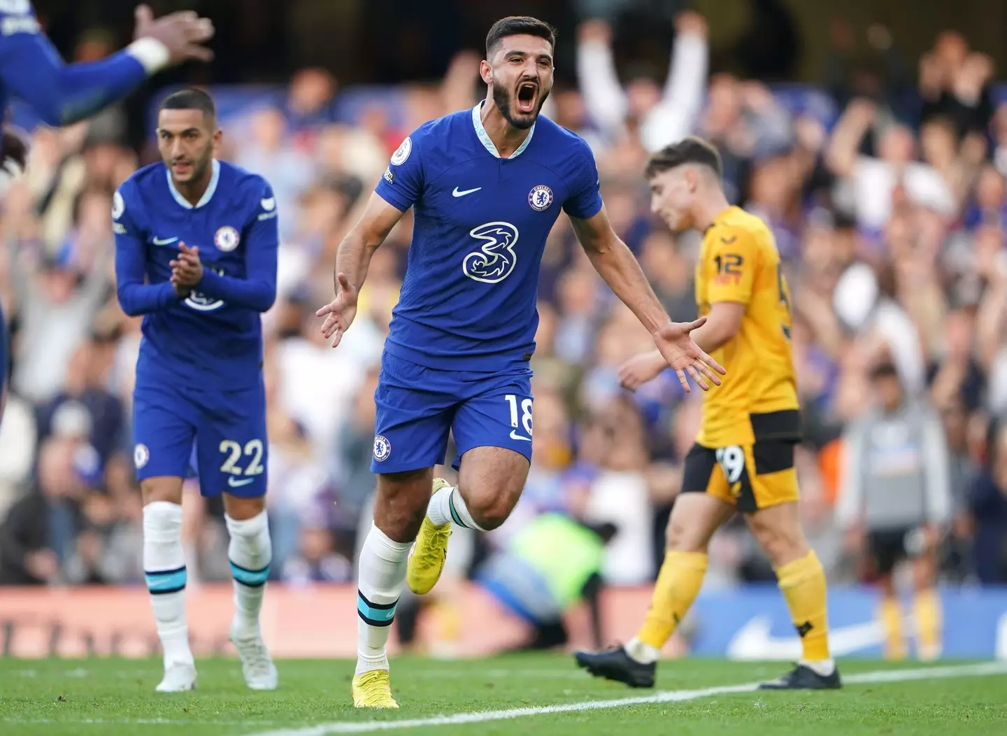 Chelsea's Armando Broja celebrates scoring their side's third goal of the game during the Premier League match at Stamford Bridge. (Alamy)