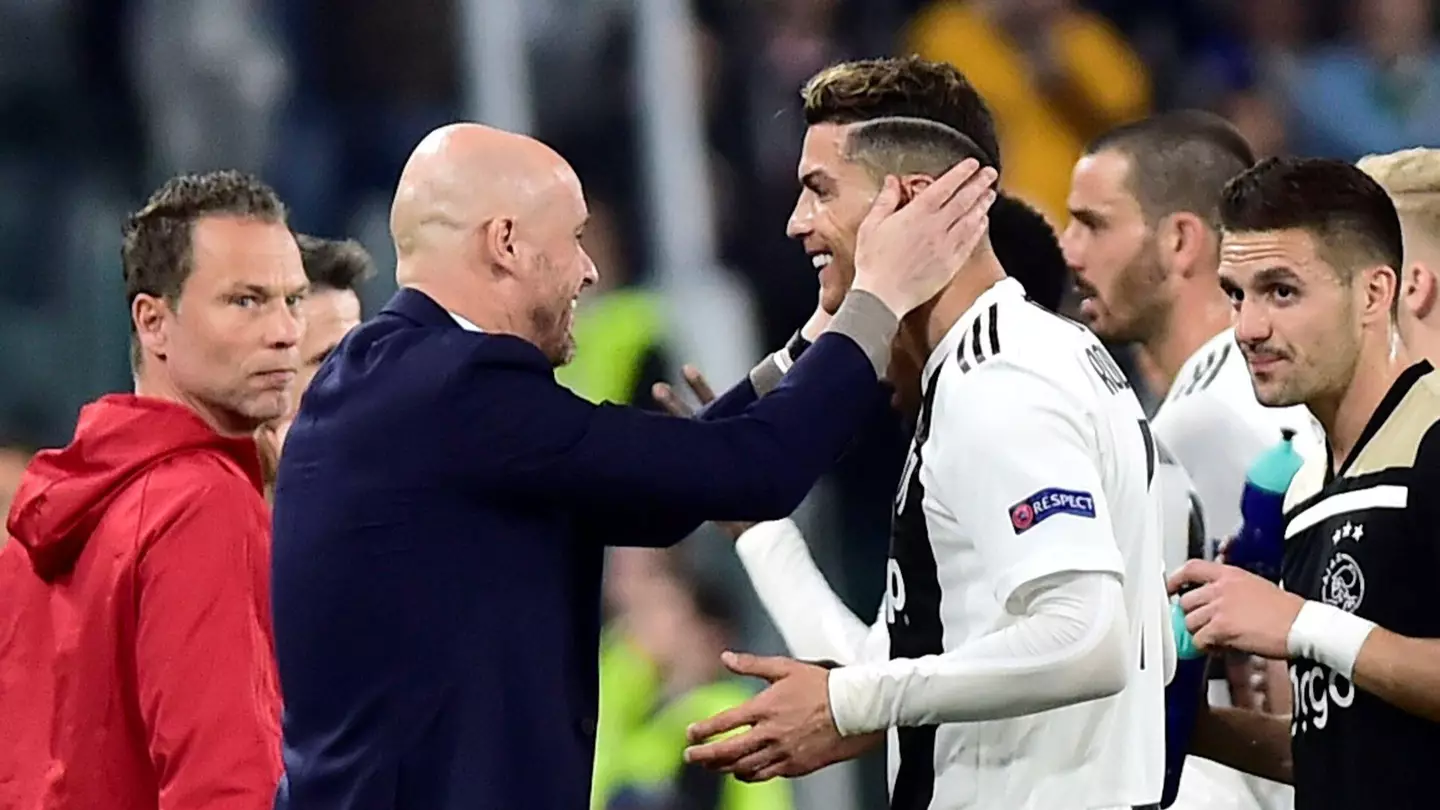Erik ten Hag and Cristiano Ronaldo share laughs as Ajax and Juventus face off in 2019.