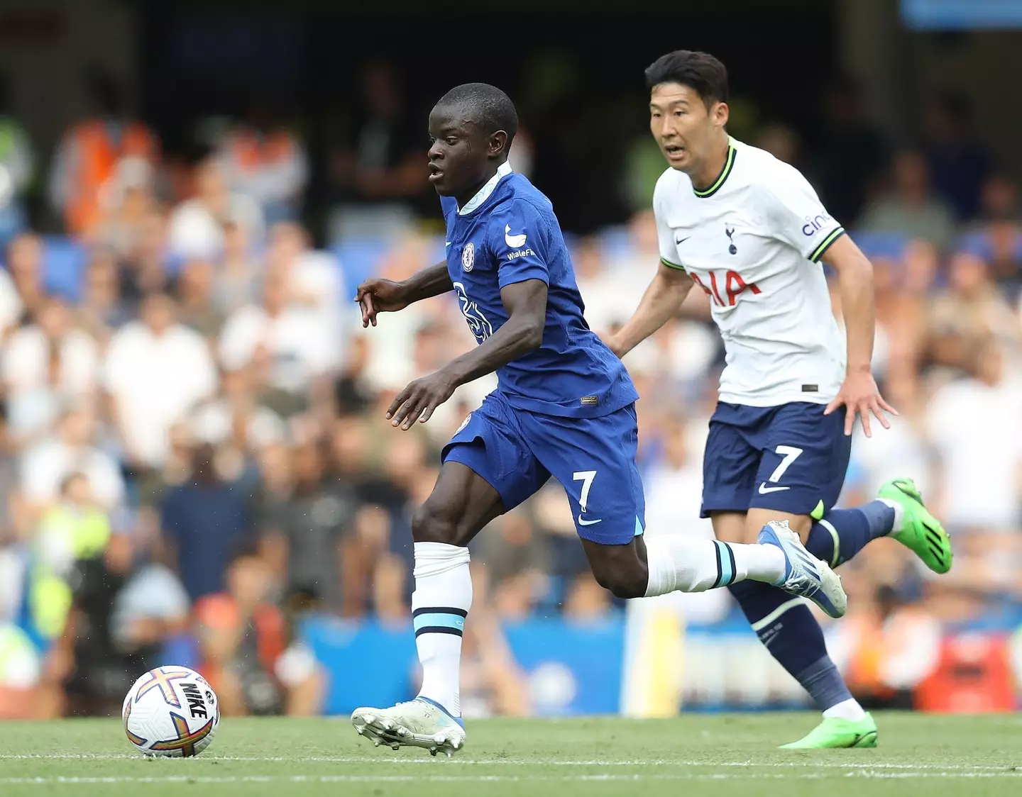N'Golo Kanté Of Chelsea and Son Heung-Min of Tottenham Hotspur during the Premier League match at Stamford Bridge, London. (Alamy)