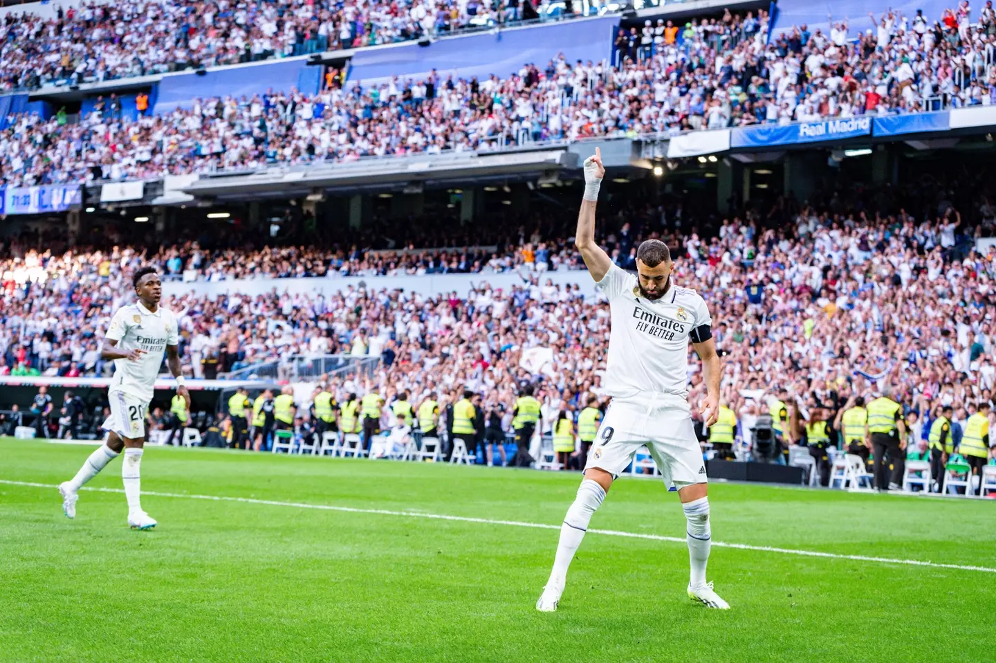 Karim Benzema celebrates scoring for Real Madrid. Image: Alamy 