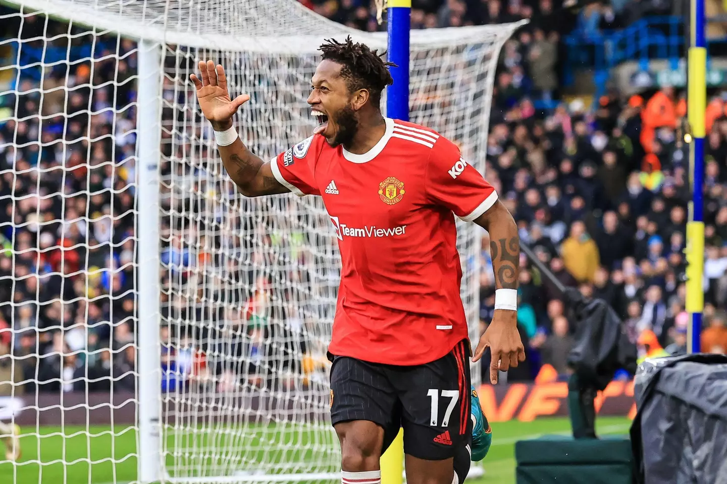 Fred celebrates scoring against Leeds. Image: Alamy