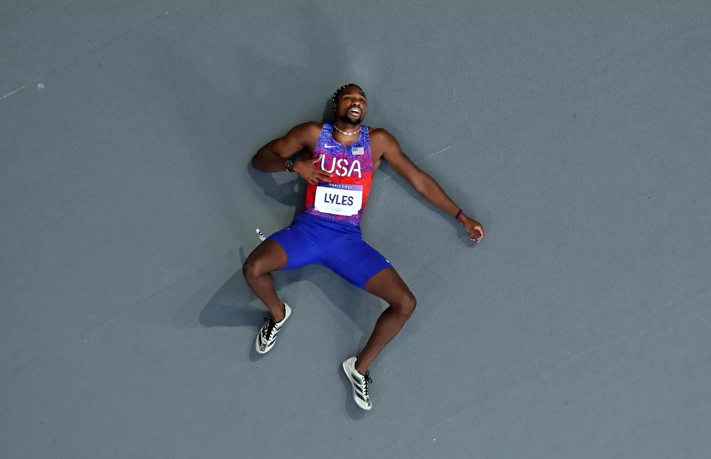 Noah Lyles after the 200m at Paris 2024 (Image: Getty)
