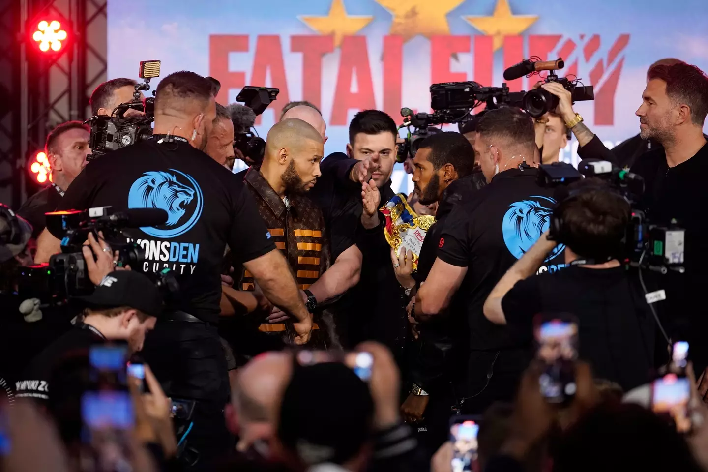Chris Eubank Jr. and Conor Been face off following their pre-fight press conference. Image: Getty