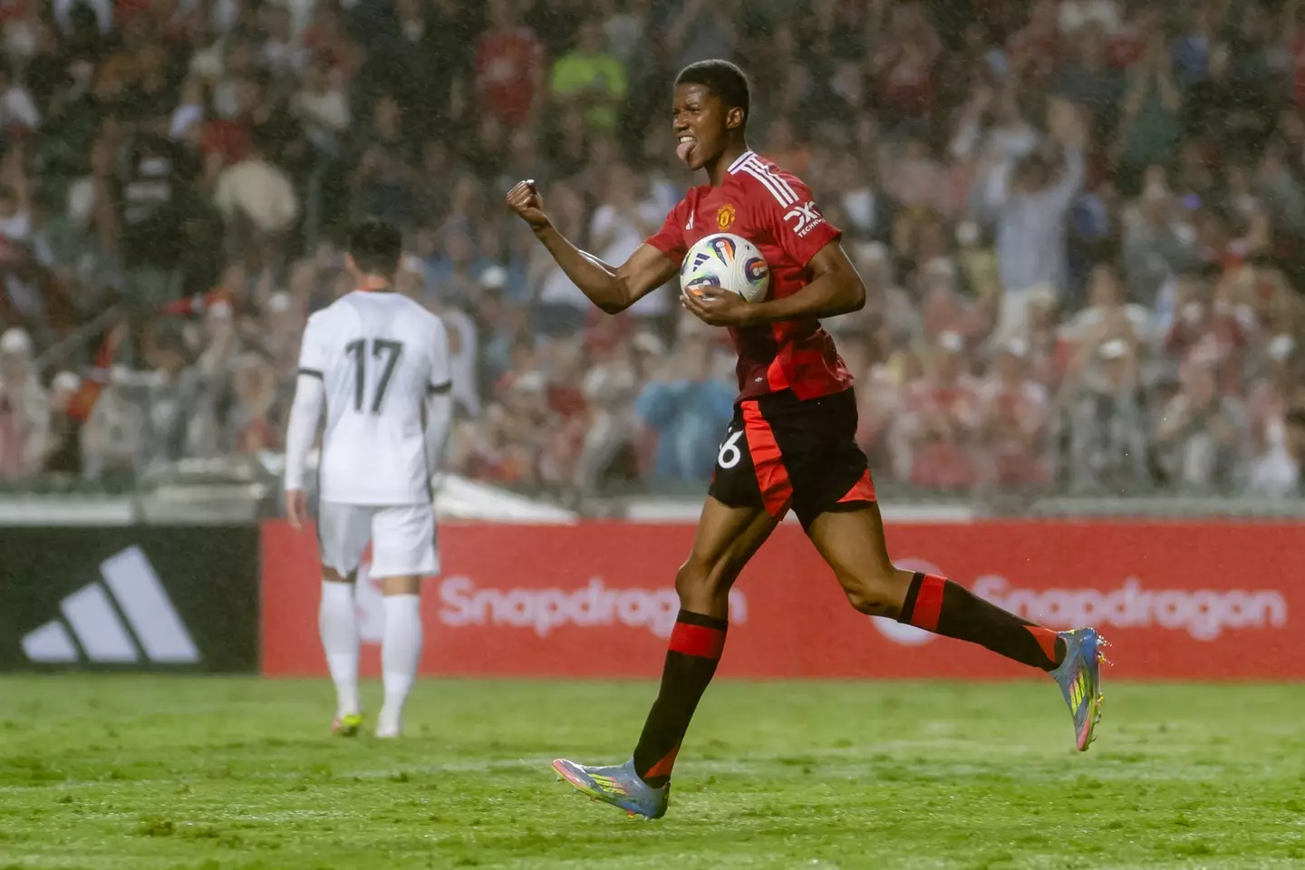 Chido Obi celebrates scoring a goal for Manchester United against Hong Kong. Image: Getty