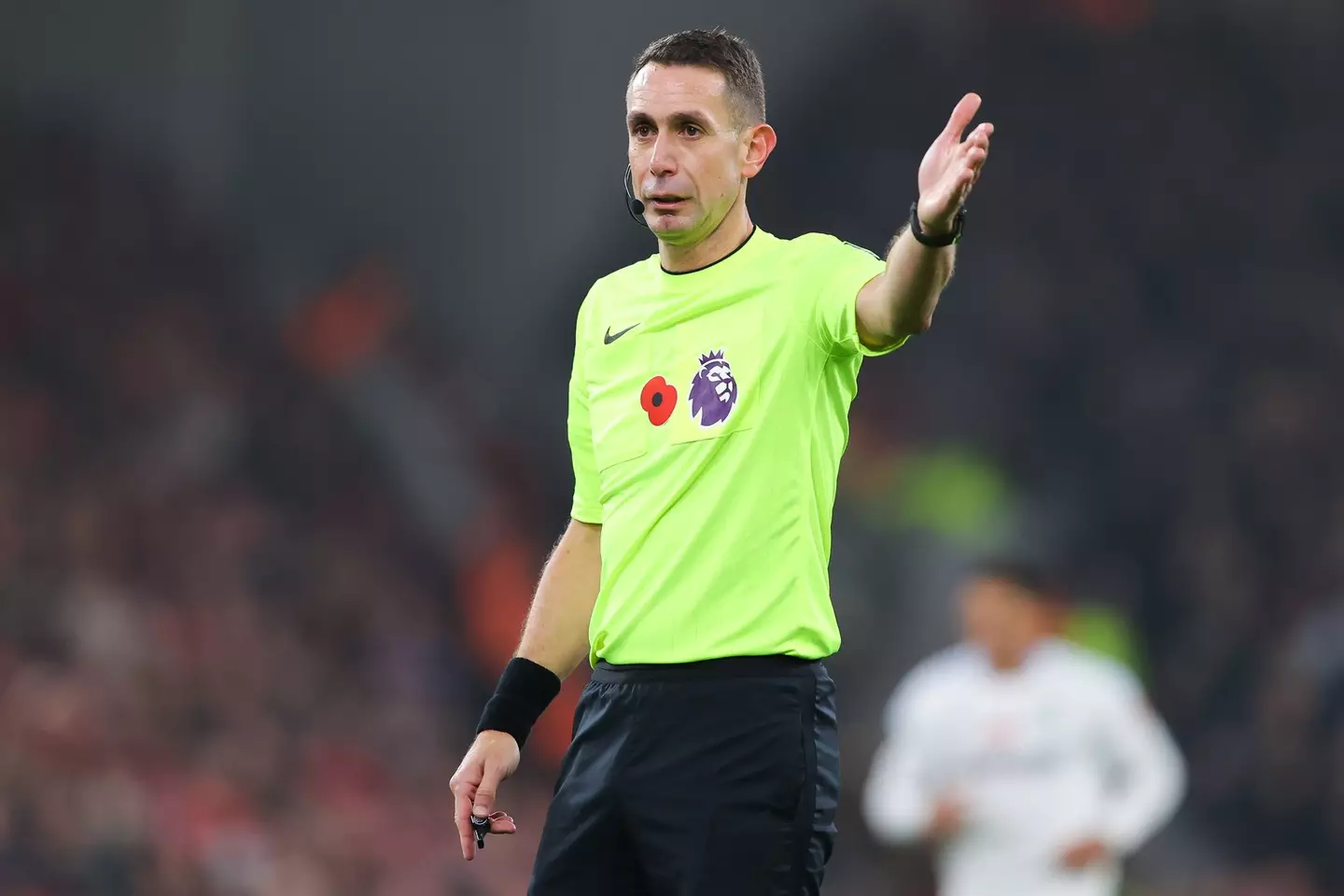 David Coote gestures during the Premier League match between Liverpool and Aston Villa. Image credit: Getty