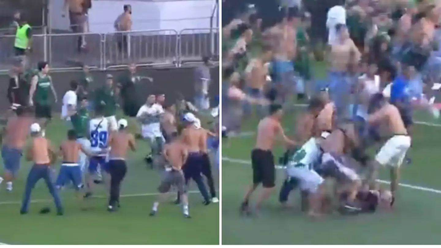Brazilian top flight match descends into chaos as fans have mass brawl on the pitch after late winner