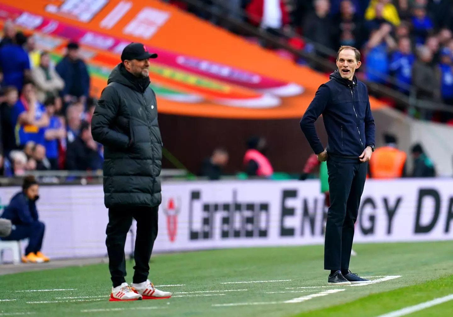 Chelsea manager Thomas Tuchel (right) and Liverpool manager Jurgen Klopp during the Carabao Cup final at Wembley Stadium, London. (Alamy)