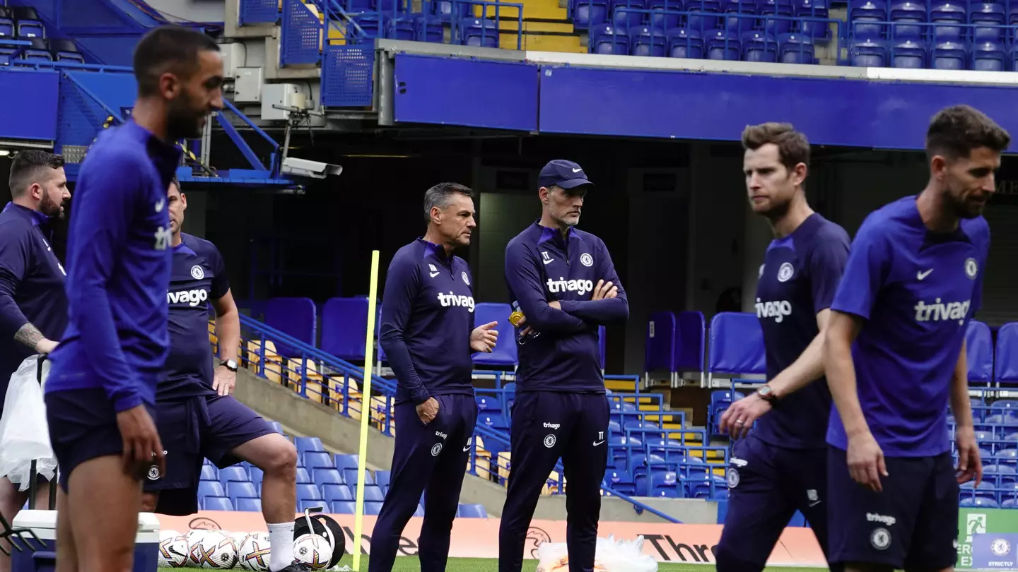 Chelsea Football Club first team players train under watchful eye of manager Thomas Tuchel ahead of facing Leicester. (Alamy)