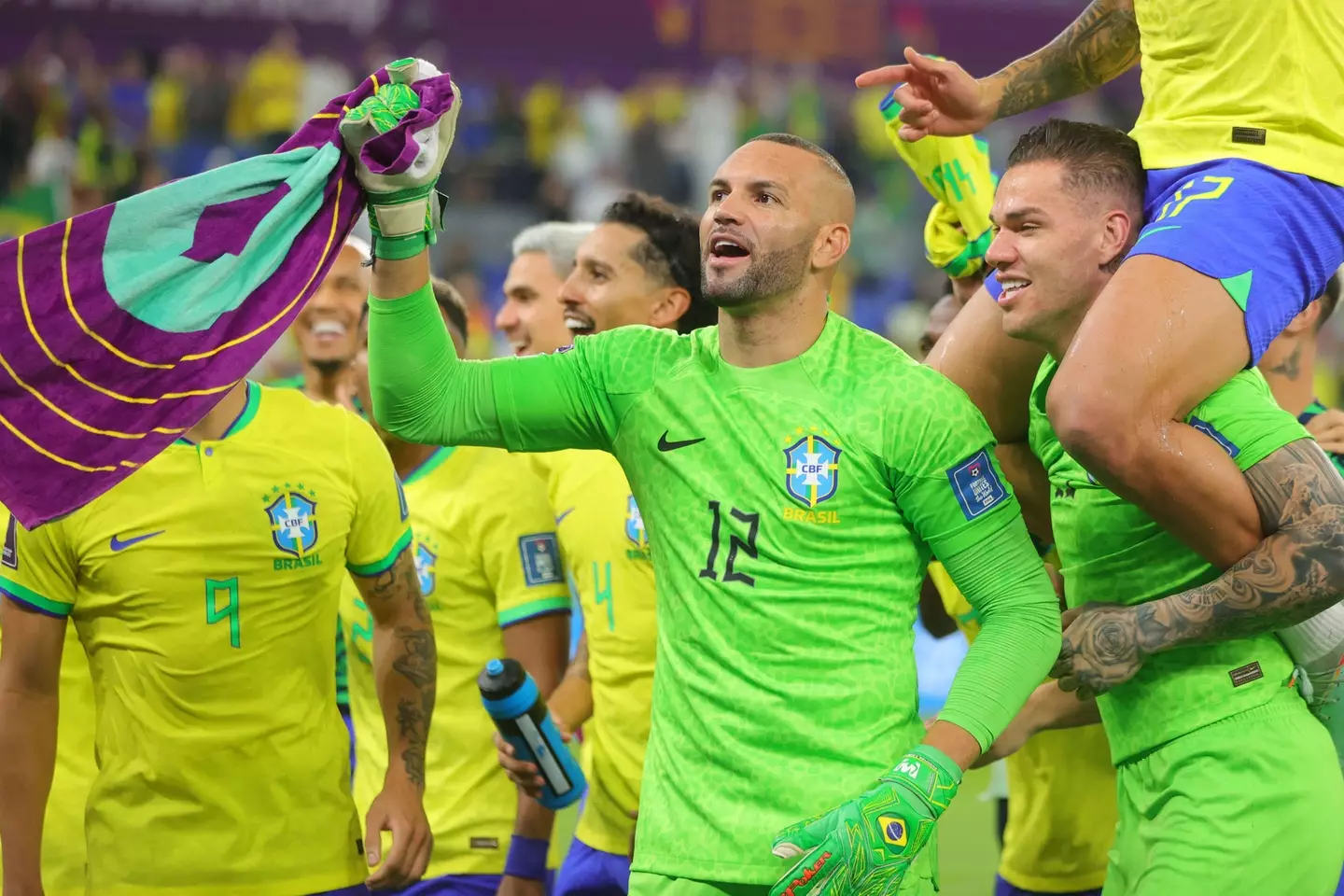 Weverton celebrates in front of the fans after Brazil's big win. Image: Alamy