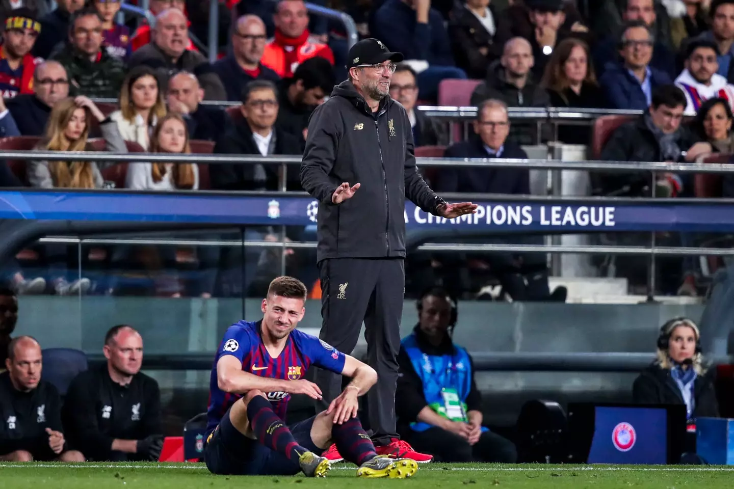 Jurgen Klopp on the touchline during Barcelona vs. Liverpool. Image: Getty 