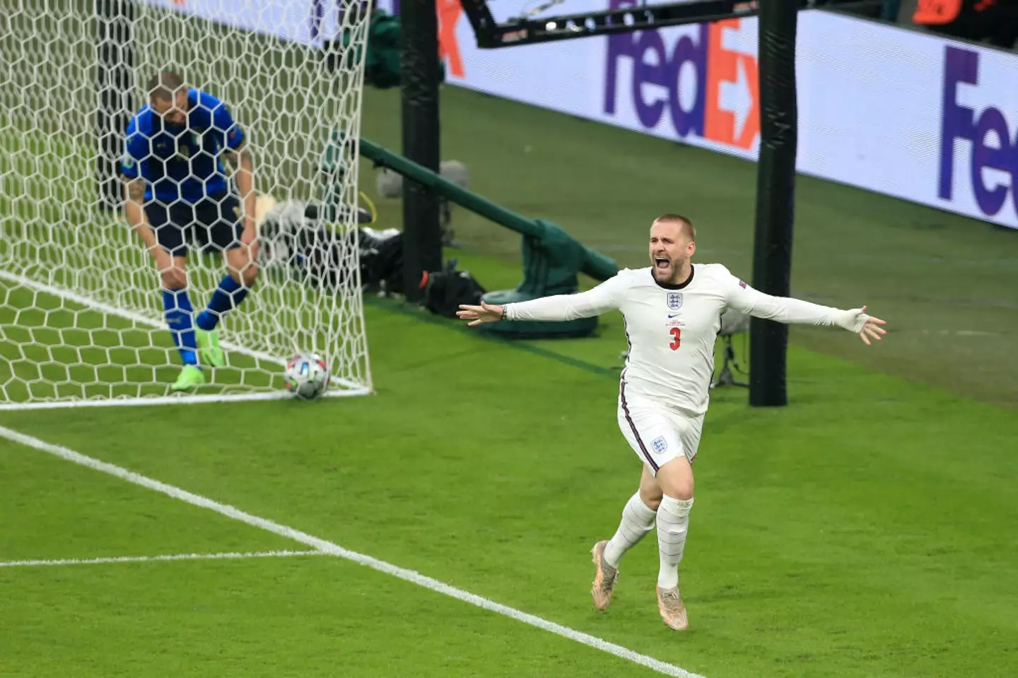 Luke Shaw scored the opening goal of the Euro 2020 final in the second minute. (Image: Getty)