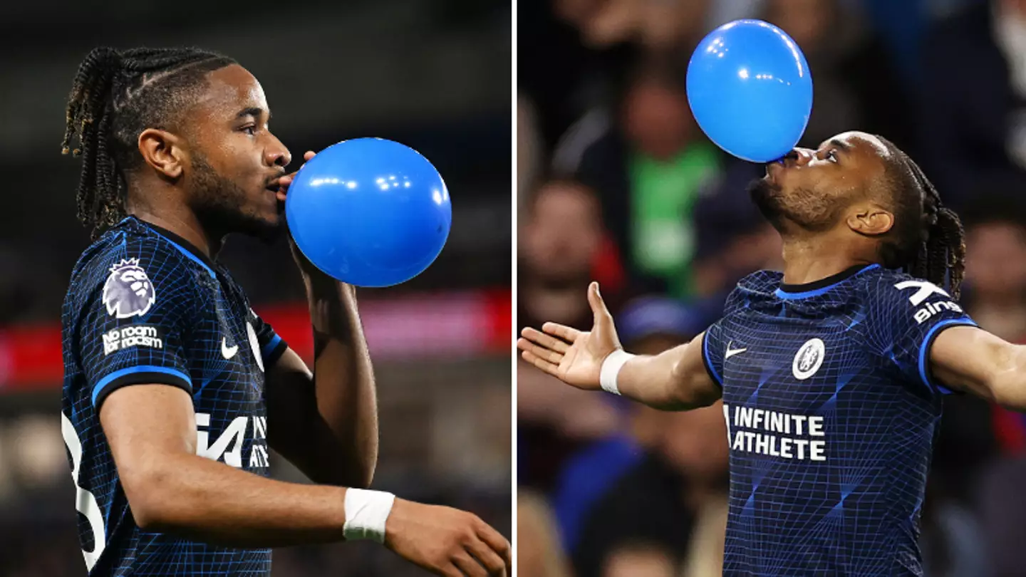 Chelsea forward Christopher Nkunku celebrates goal vs Brighton by blowing up balloon