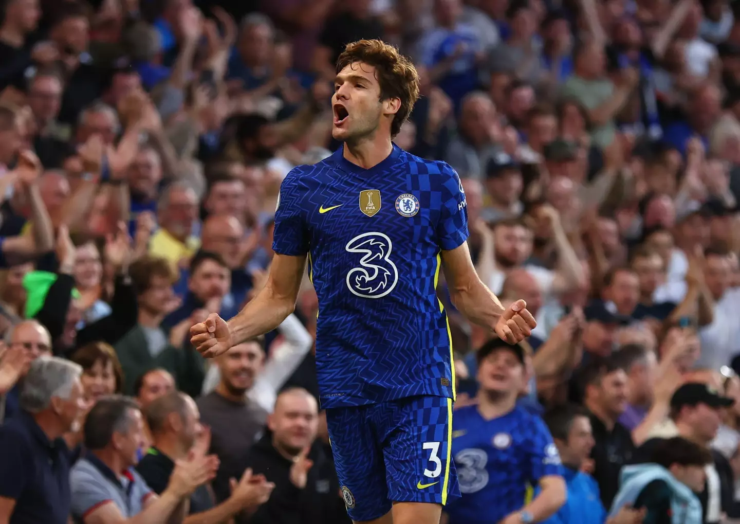 Marcos Alonso of Chelsea celebrates scoring the equaliser during the Premier League match at Stamford Bridge. (Alamy)