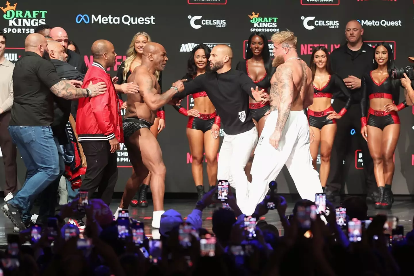 Mike Tyson and Jake Paul were involved in a heated clash during the weigh-ins for their fight on Thursday. (Image: Getty)