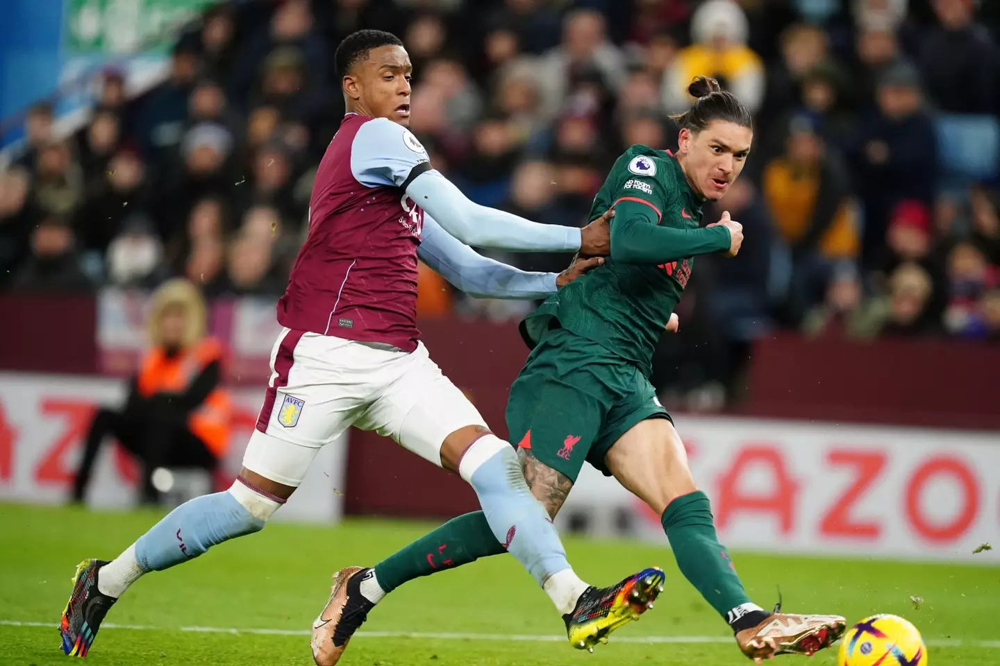 Nunez battling with Ezri Konsa during the game. Image: Alamy