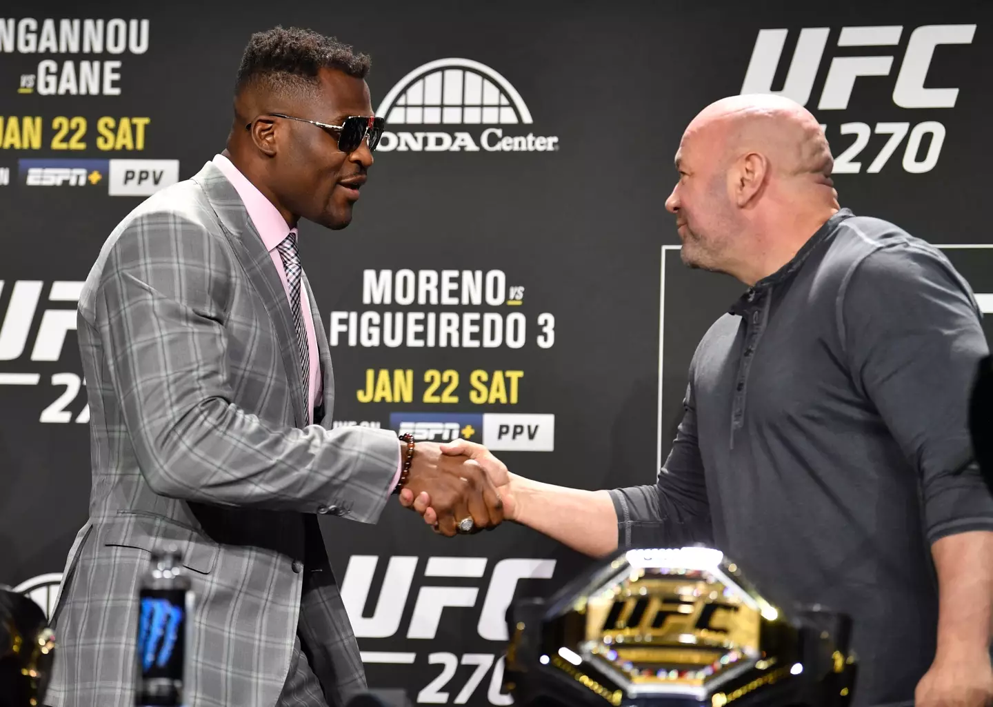 Francis Ngannou and Dana White at UFC 270. Image: Getty