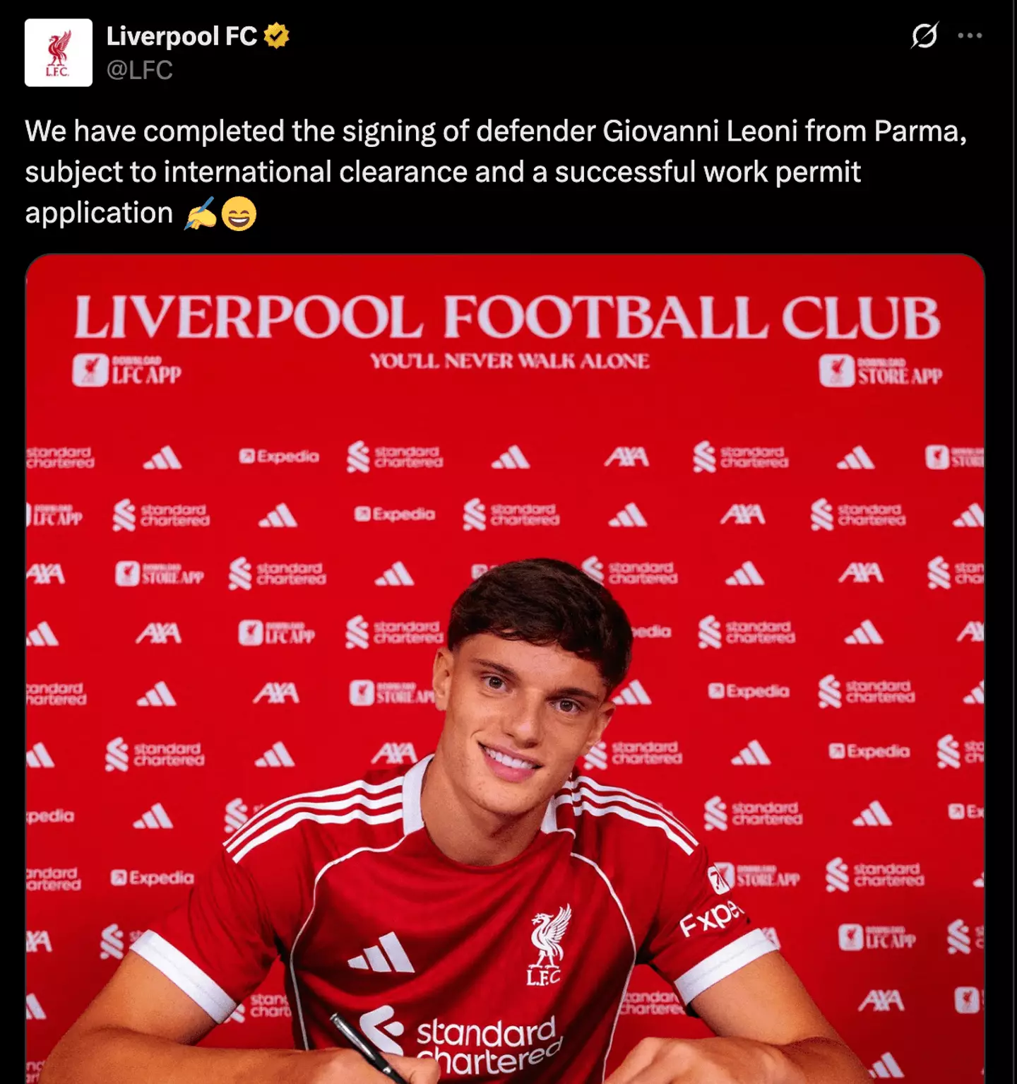 Giovanni Leoni has signed a six-year contract with Liverpool (Image: Liverpool Football Club)