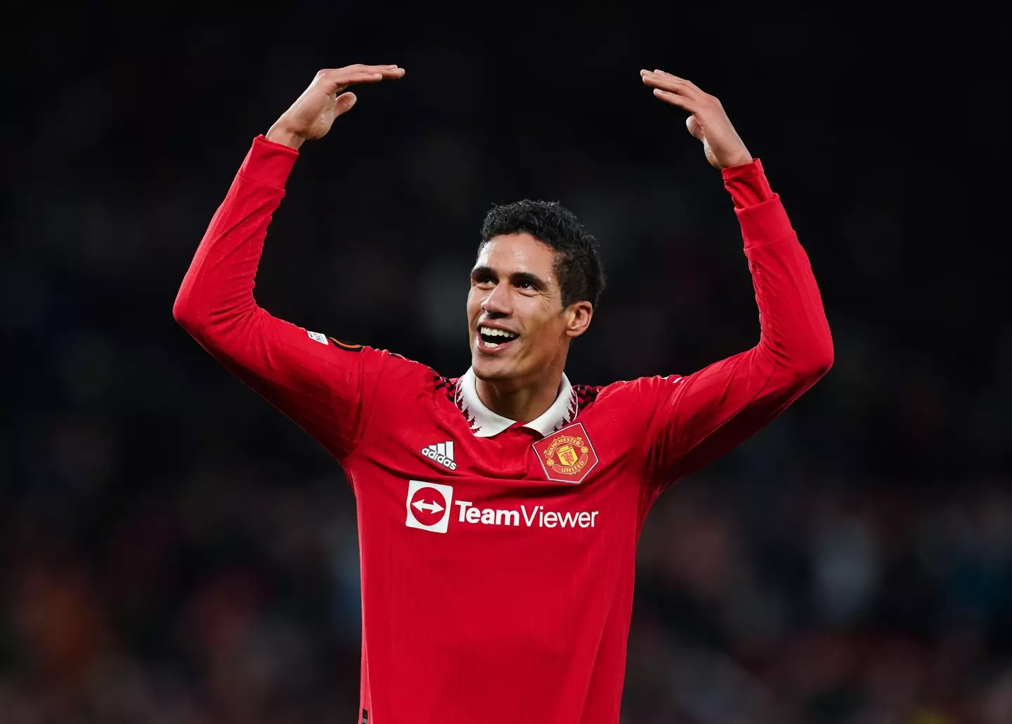 Raphael Varane celebrates Man United's win over Barcelona. Image: Alamy 