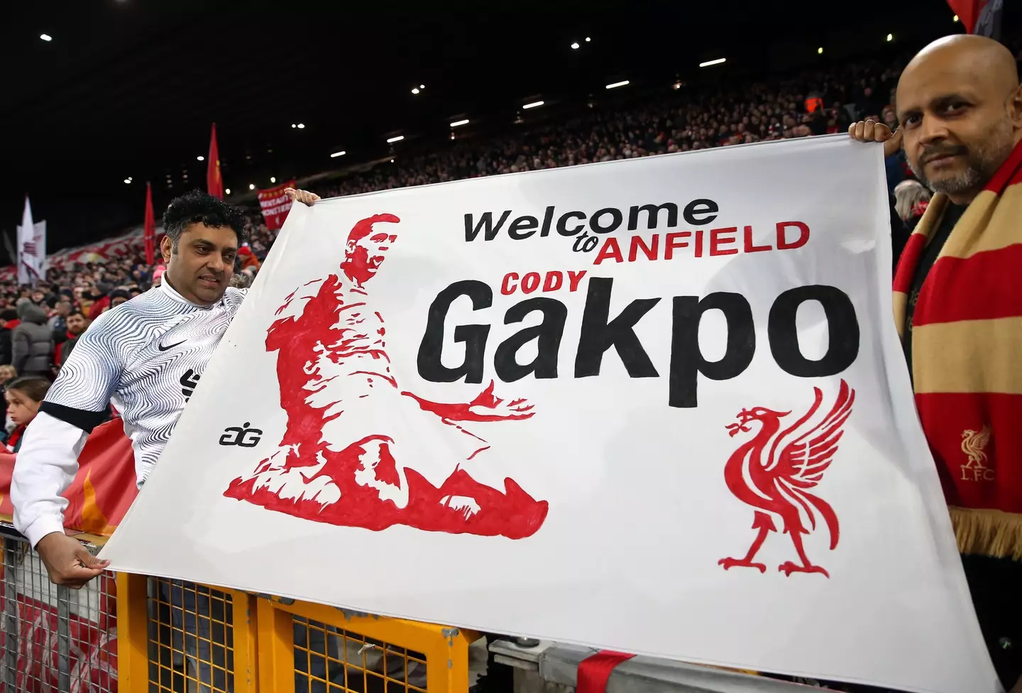 A banner for Gakpo inside Anfield. (Image