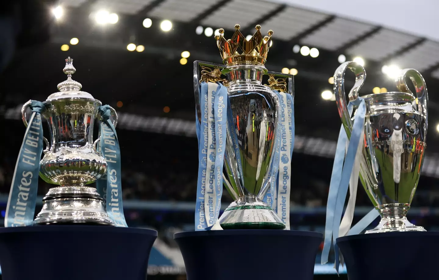 City displayed the Premier League, FA Cup and Champions League trophies they captured last season. (Image