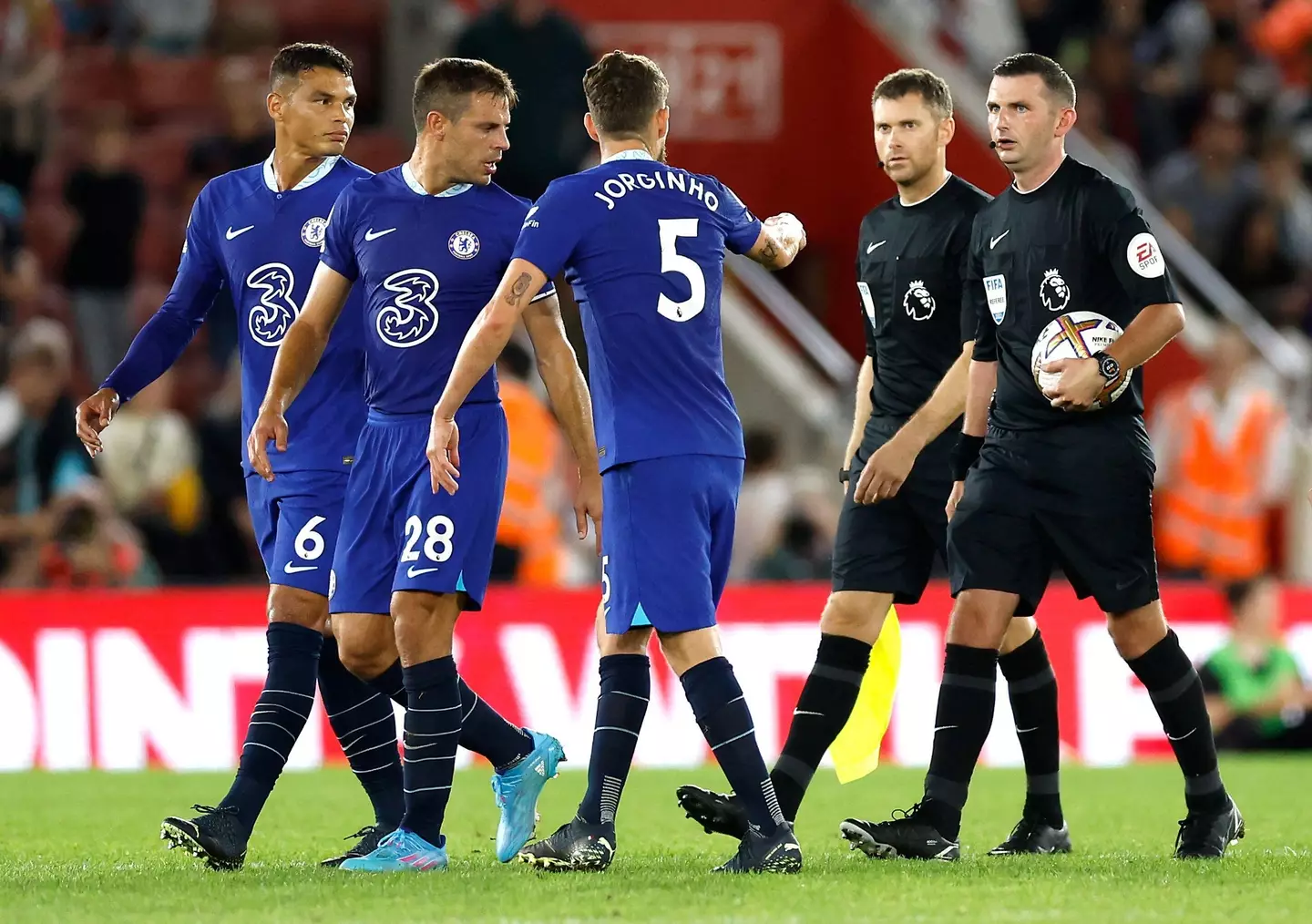 Jorginho unhappy with the referee at half time vs Southampton. (Alamy)