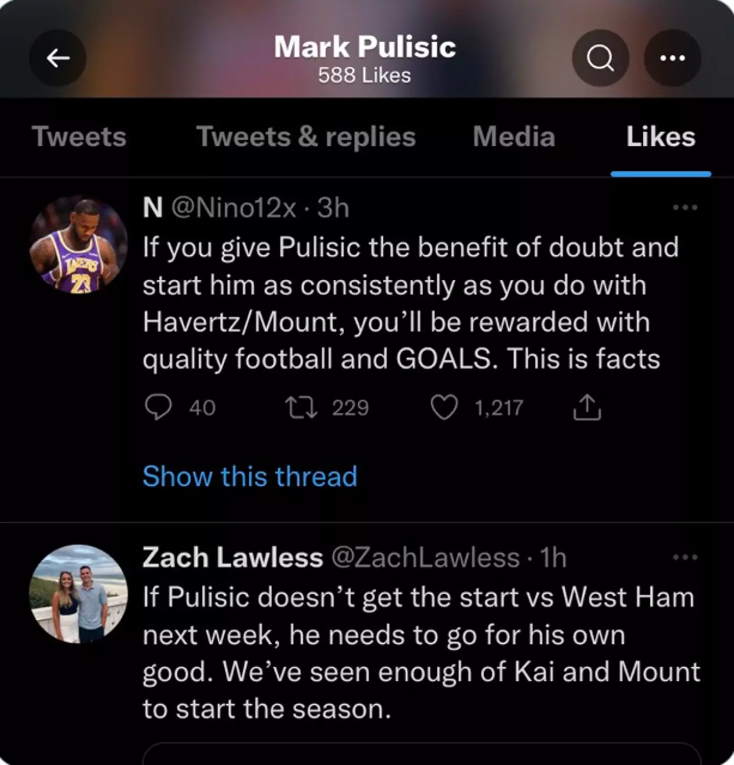 Christian Pulisic's dad 'likes' tweets after Chelsea's loss to Leeds. (Twitter)