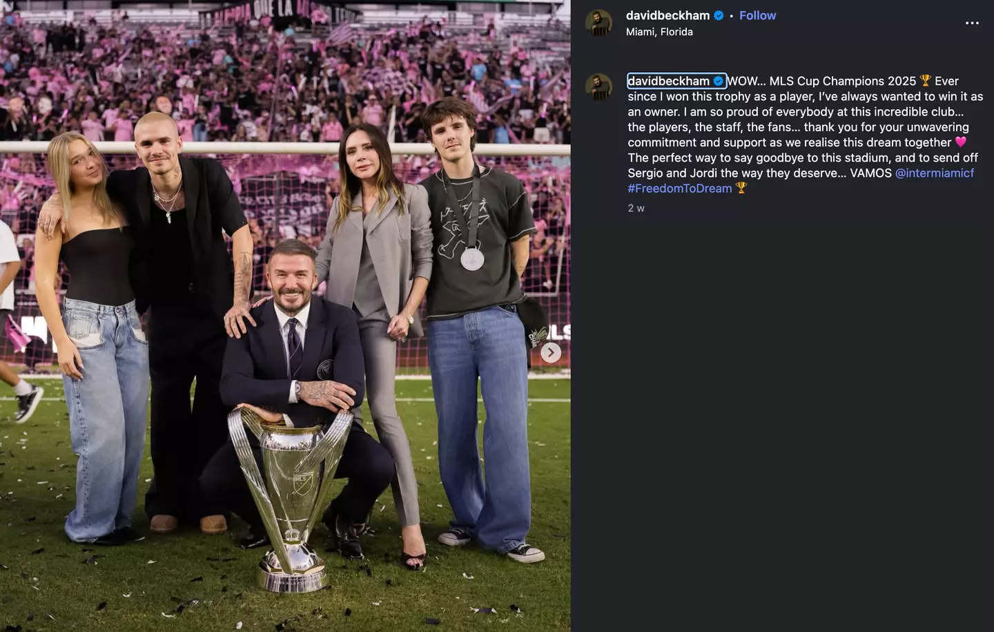 David Beckham pictured with daughter Harper, sons Romeo and Cruz and wife Victoria after Inter Miami won the MLS Cup (Image: Instagram/@davidbeckham)