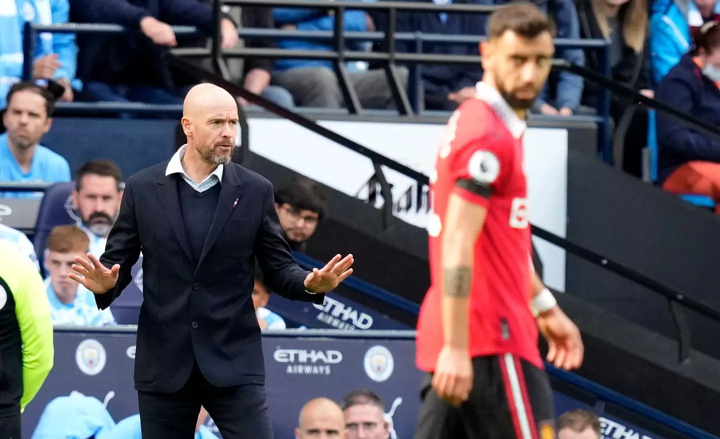 Erik ten Hag during the Premier League match between Man City and Man United. Image: Alamy
