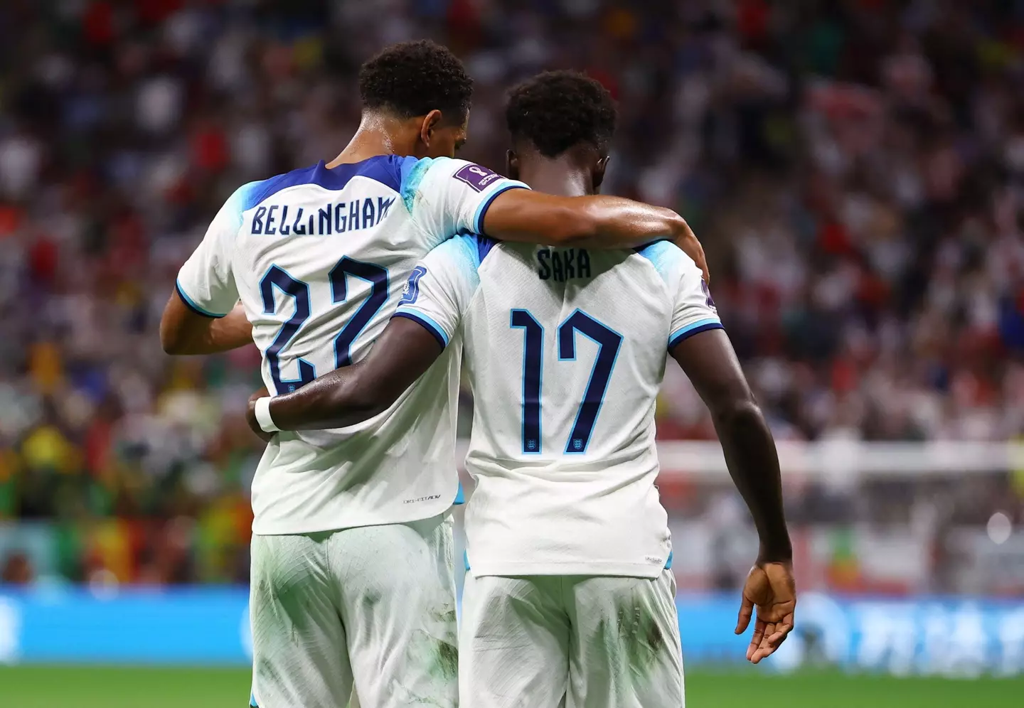 Jude Bellingham and Bukayo Saka celebrate a goal for England. Image: Alamy 