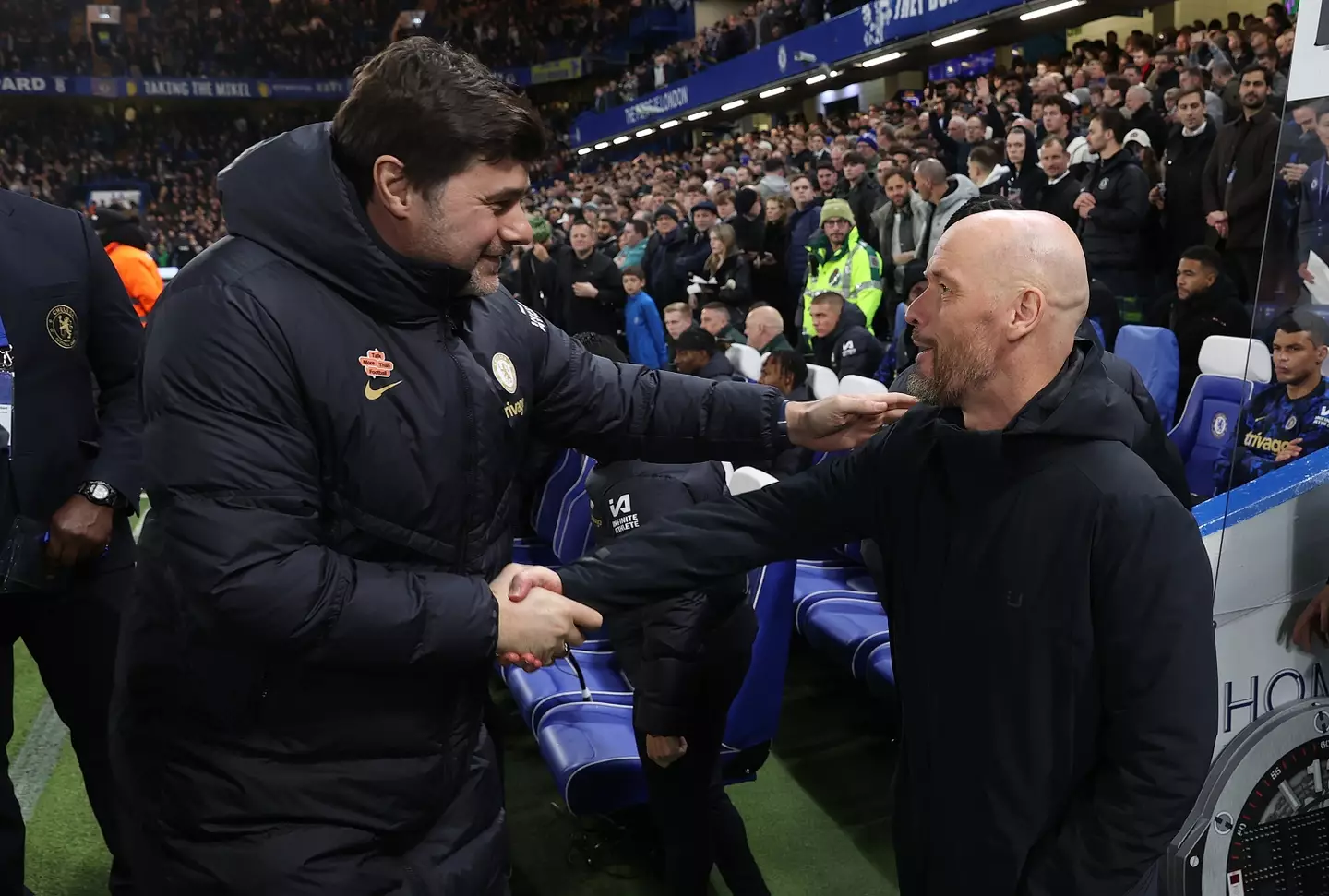 Mauricio Pochettino and Erik ten Hag during Chelsea vs. Manchester United. Image: Getty