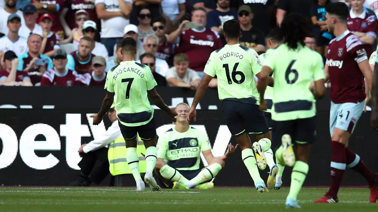 Erling Haaland celebrates his first Manchester City goal.