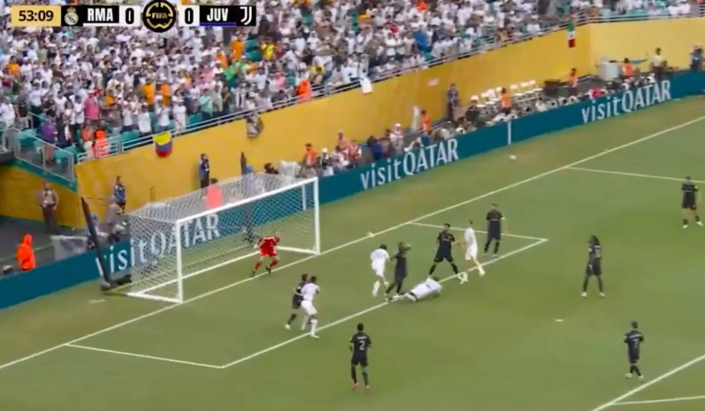 Gonzalo Garcia headed past Michele Di Gregorio for Real's only goal against Juventus (Image: DAZN)