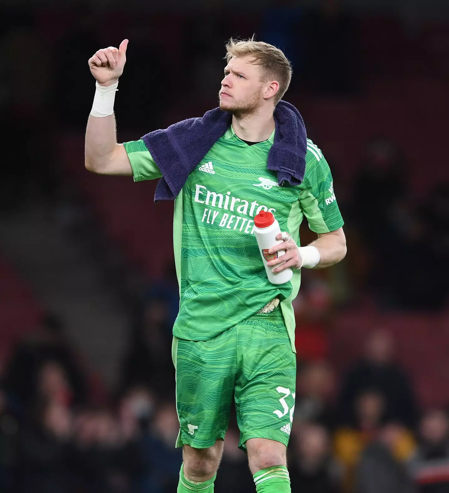 Aaron Ramsdale signals his approval to the crowd. Image credit: Getty