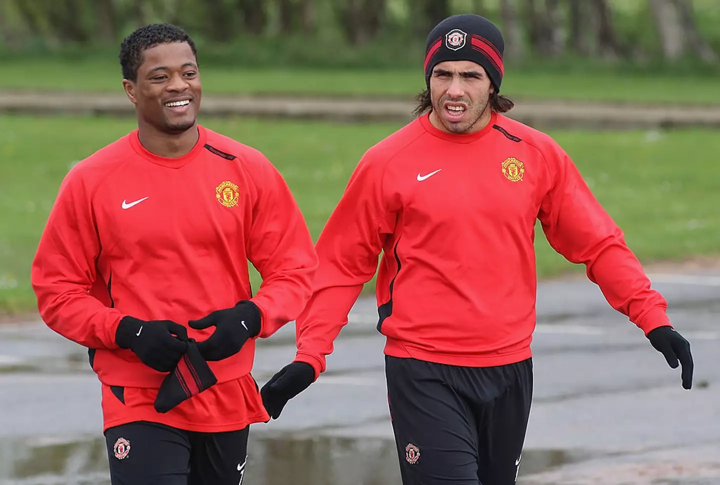 Patrice Evra and Carlos Tevez in Man Utd training (Credit:Getty)