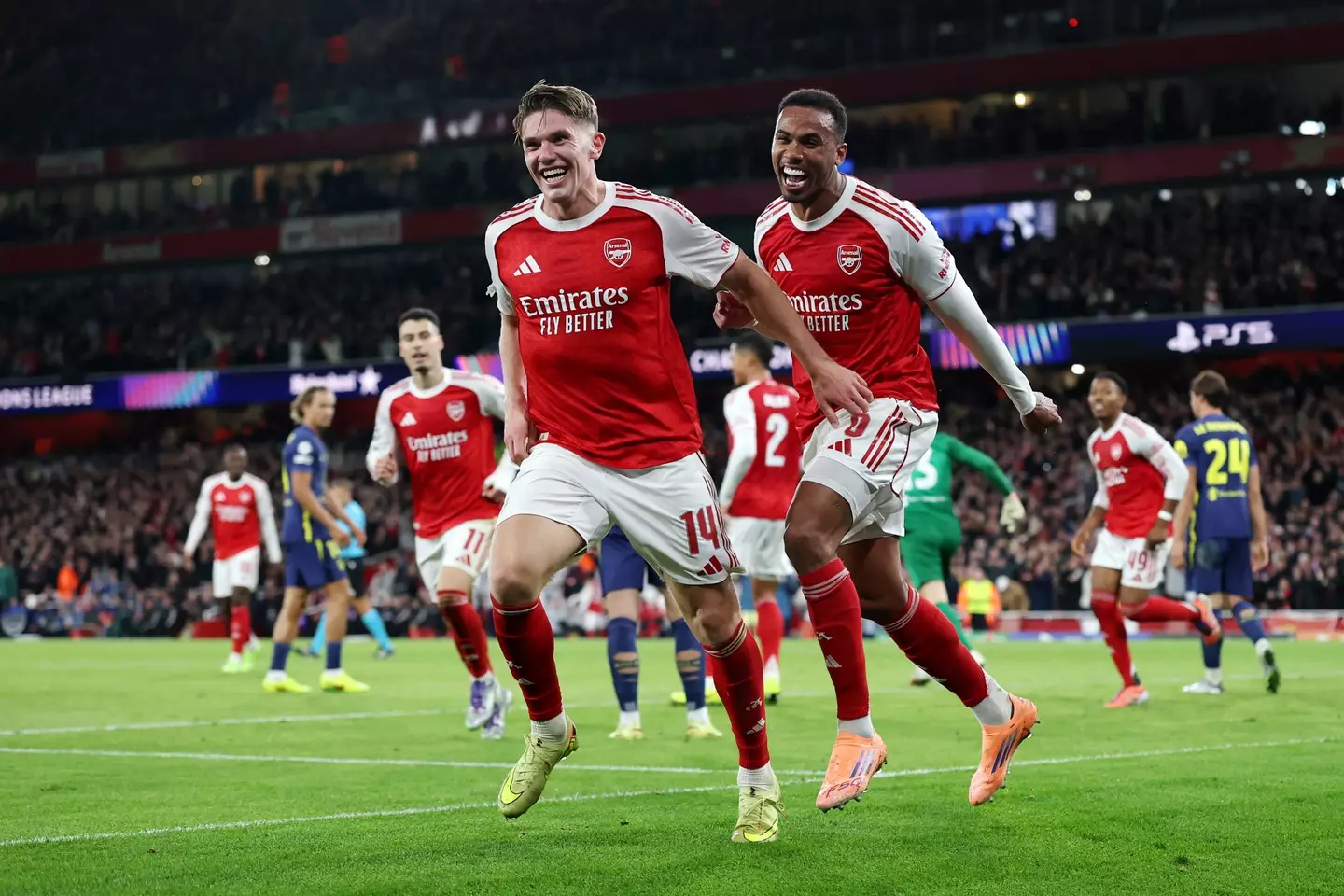 Gabriel celebrates alongside fellow goalscorer Viktor Gyokeres. Image credit: Getty