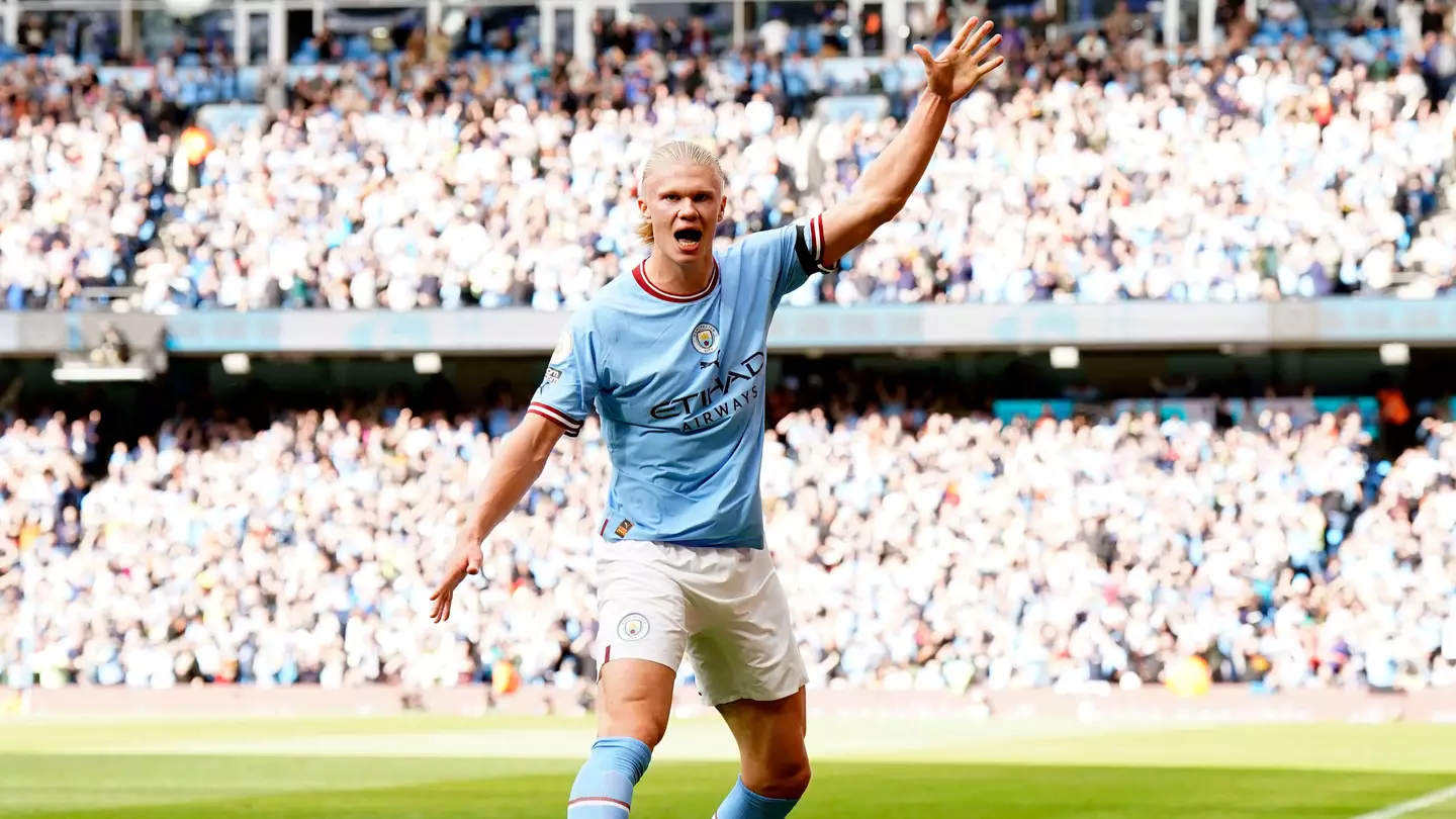 Erling Haaland celebrates for Manchester City against Manchester United. (Alamy)