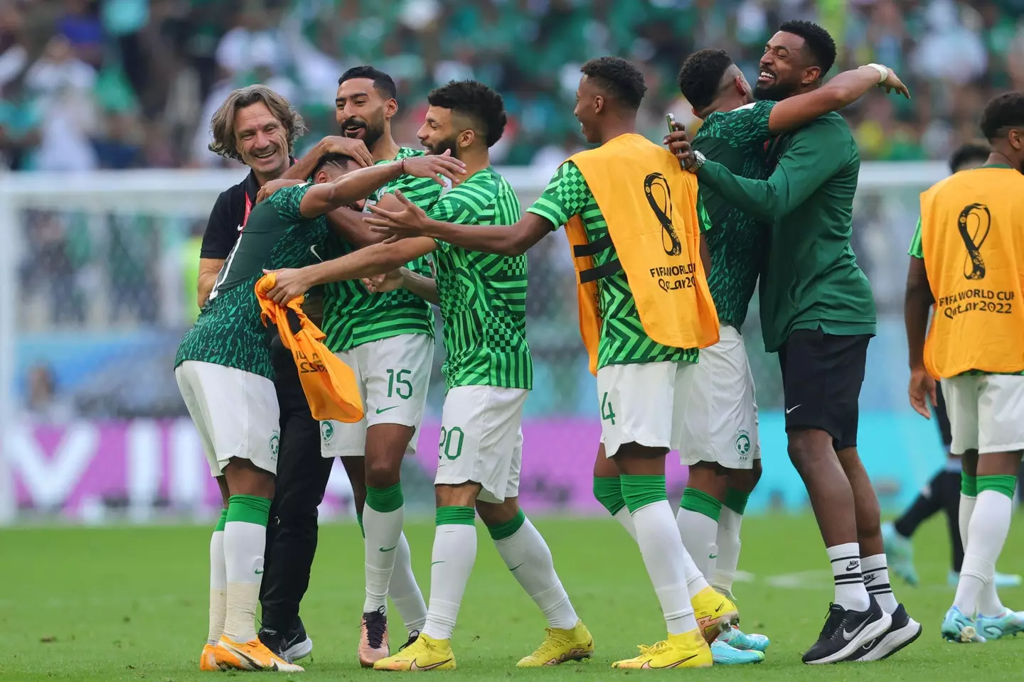 Saudi players celebrate at the full-time whistle. (Image