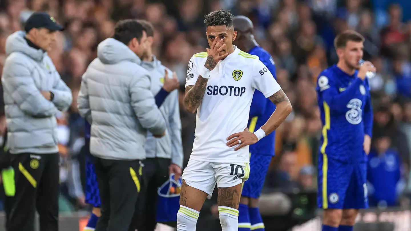 Raphinha #10 of Leeds United during a break in play. (Alamy)