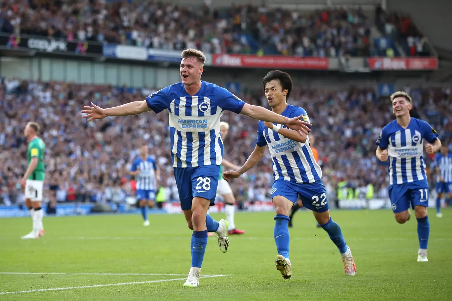 Evan Ferguson wheels away in celebration after scoring against Newcastle United. Image: Getty