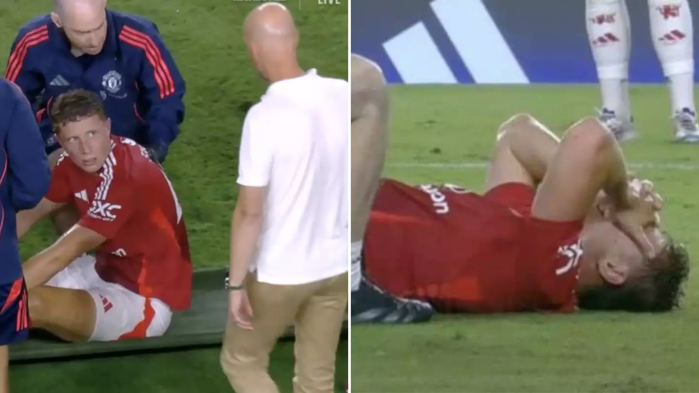 Erik ten Hag walks on pitch to console Man Utd defender Will Fish after suffering nasty injury vs. Liverpool