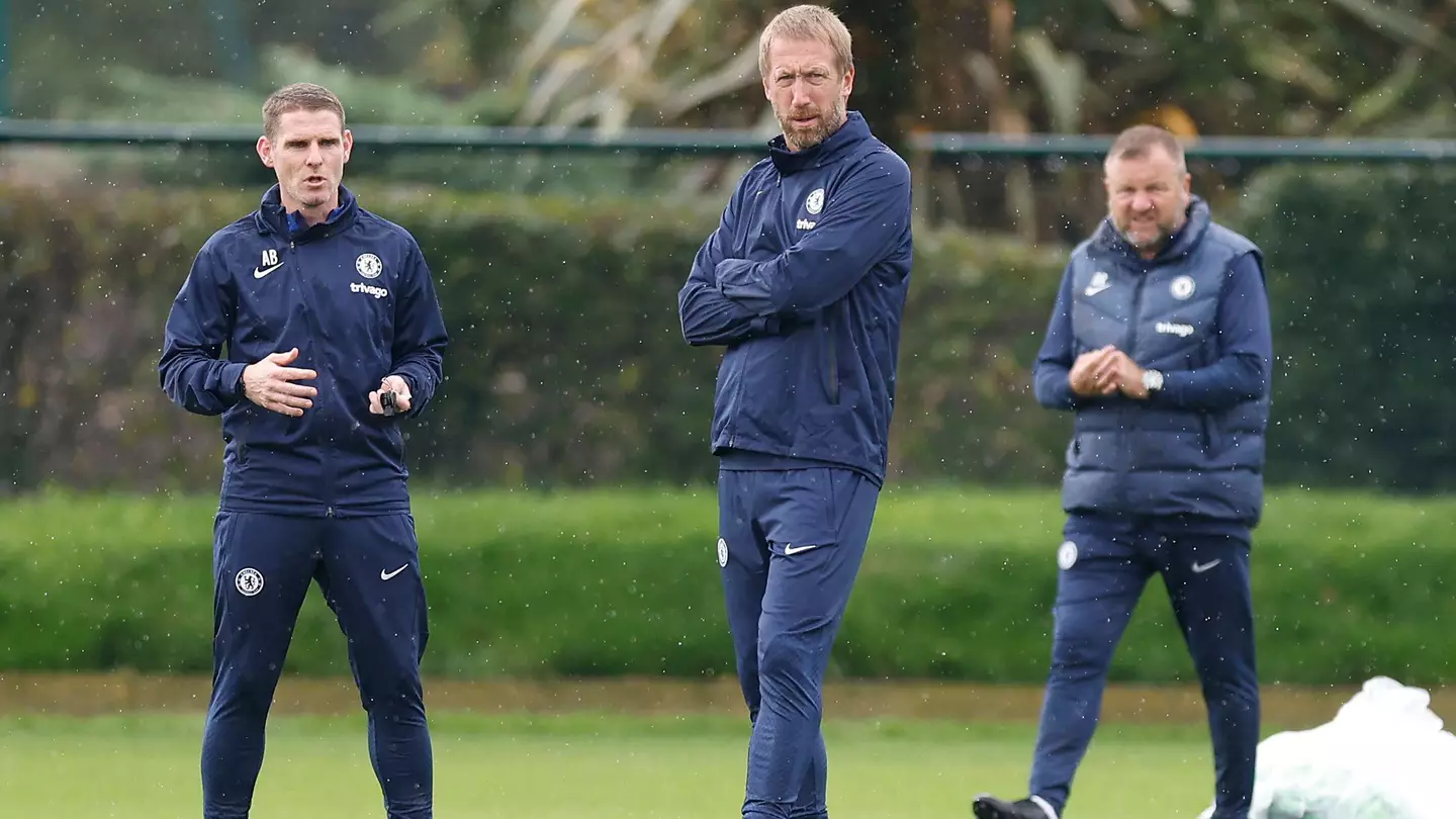 Chelsea manager Graham Potter (centre), with assistant managers Anthony Barry (left) and Billy Reid during a training session at Cobham Training Centre. (Alamy)