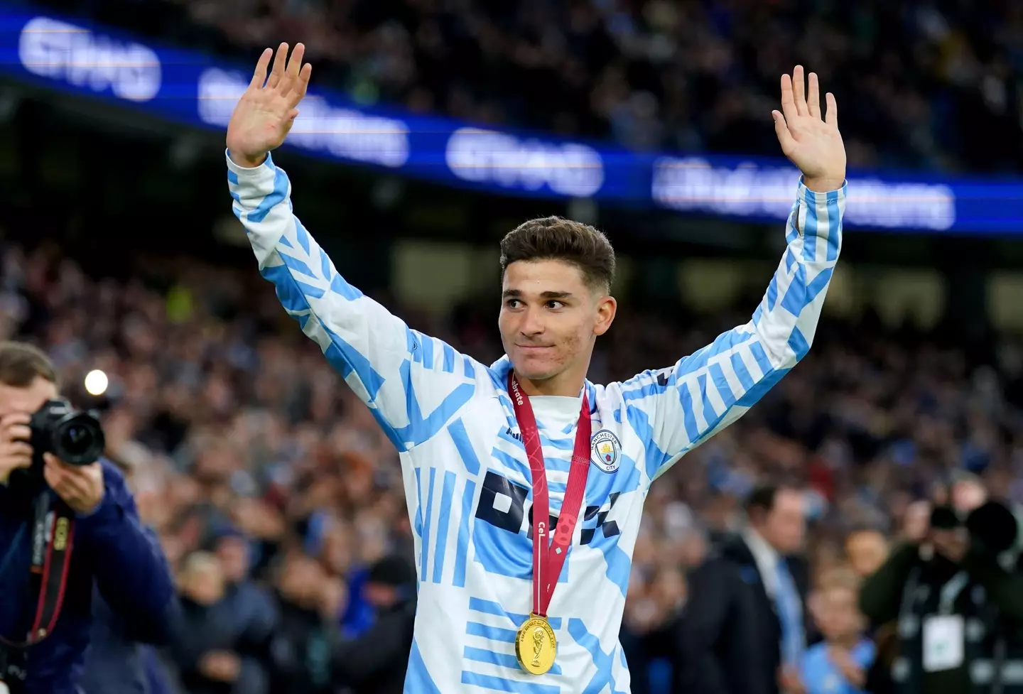 Alvarez takes the applause of the City fans whilst wearing his World Cup winner's medal. Image: Alamy