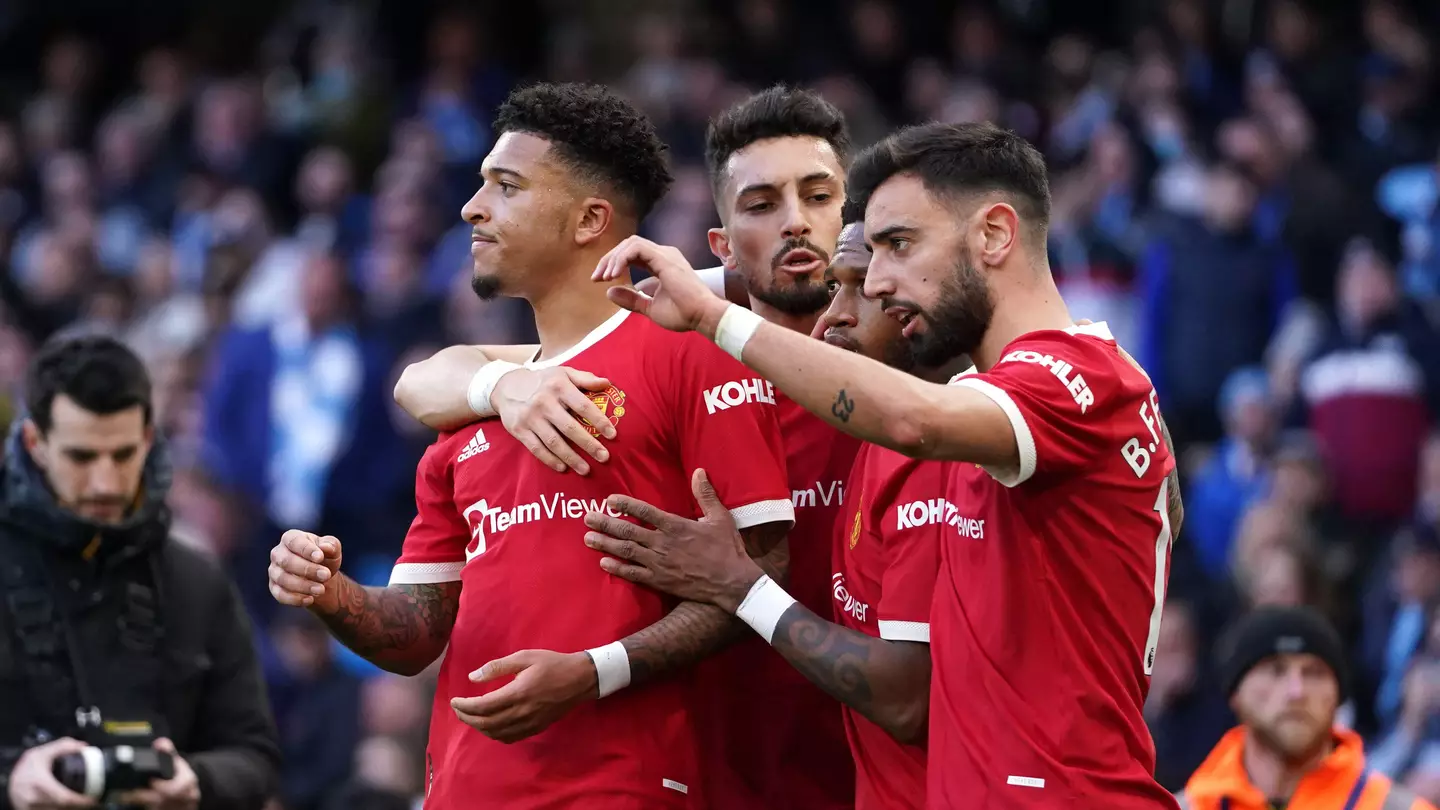 Jadon Sancho celebrates scoring against his former side Manchester City. (Alamy)